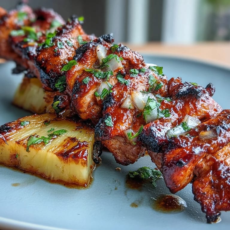Tender chicken al pastor skewers with vibrant pineapple, a summer grilling delight.