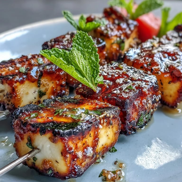 Juicy watermelon, savory halloumi, and mint skewers, a delightful grilled vegetarian dish.