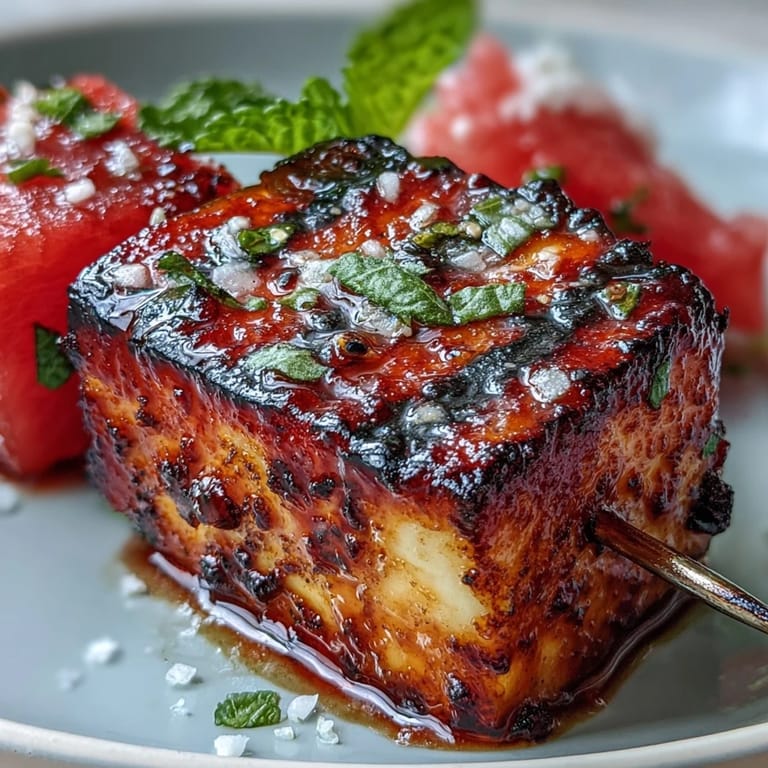 Golden halloumi cheese and juicy watermelon skewers with fresh mint, grilled to perfection.