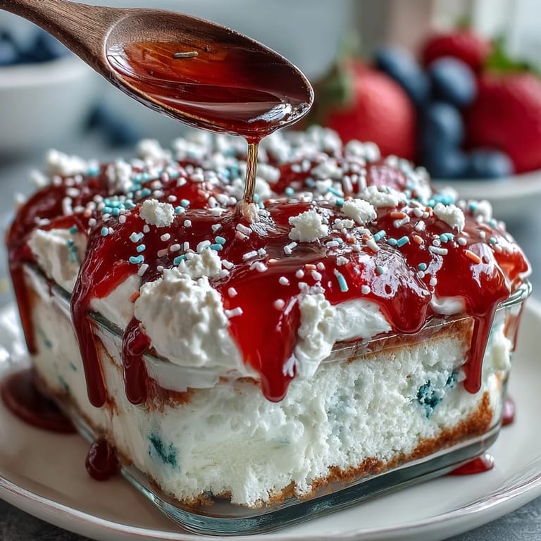 Festive Memorial Day Red White Blue Poke Cake, topped with fluffy cream and sprinkles.