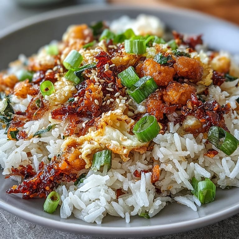 Golden fried rice sizzling in a wok, tossed with chili crisp, tender scrambled eggs, and green onions for a bold Asian fusion dish.