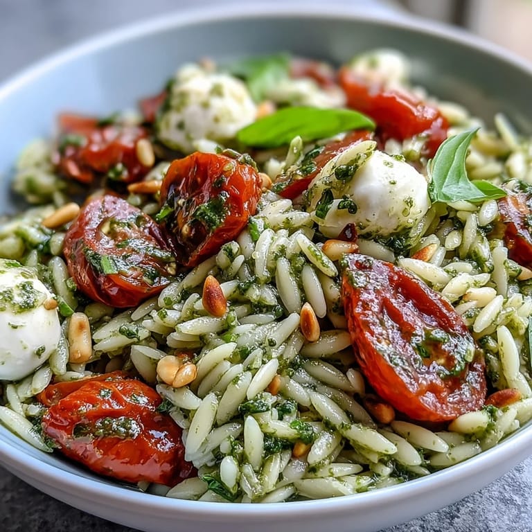 Creamy mozzarella and basil pesto coat al dente orzo pasta in this refreshing, make-ahead vegetarian salad.  