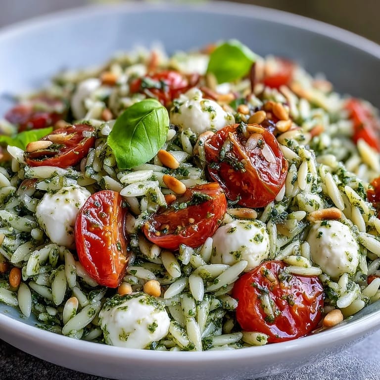 Colorful orzo pasta salad tossed with pesto, juicy tomatoes, and mozzarella, ideal for light lunches or potlucks.