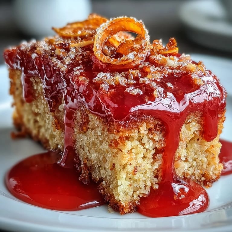 Moist gluten-free blood orange polenta cake topped with a glossy pink glaze and delicate edible flowers, perfect for dessert.