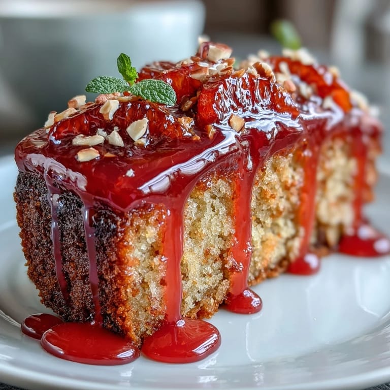 Golden almond polenta cake infused with blood orange zest, drizzled with striking pink citrus glaze and garnished with fresh orange slices.