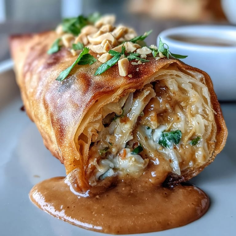 Fried golden spring rolls filled with vermicelli and colorful veggies, served alongside a smooth, savory peanut dipping sauce.