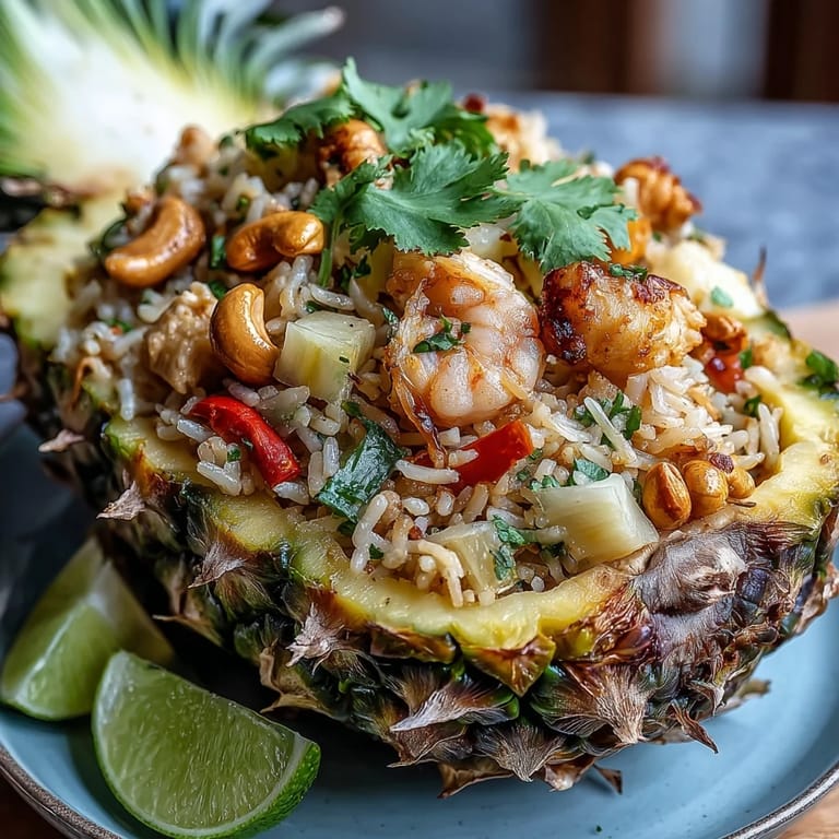 Thai pineapple fried rice featuring juicy pineapple chunks, jasmine rice, and fresh herbs in a stunning edible pineapple bowl.