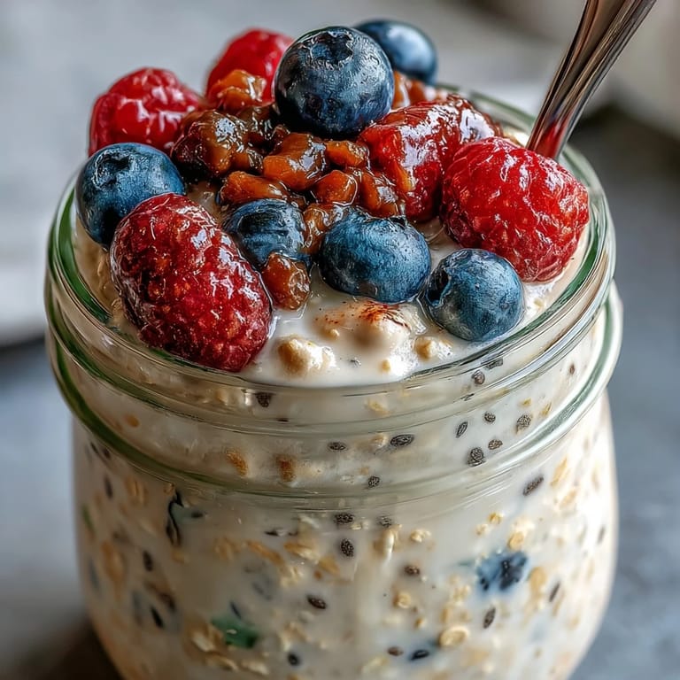 Enjoy high fiber overnight oats with bursting berries and crunchy nut toppings.