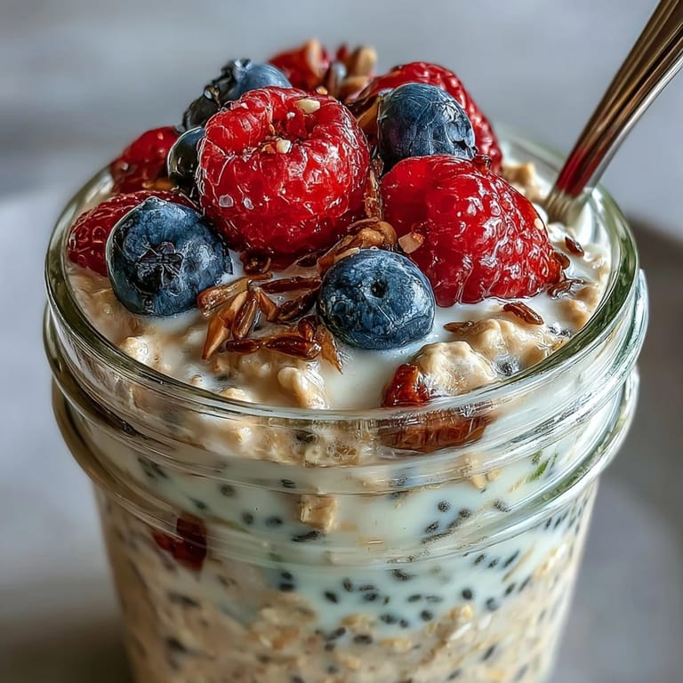 Wholesome high fiber overnight oats with chia, flax, and fresh berry sweetness.
