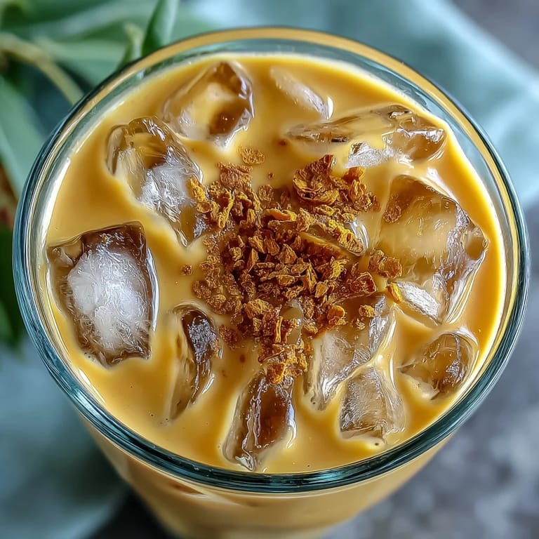 Sip this colorful Turmeric Golden Milk Iced Latte, perfectly chilled and ready to enjoy.