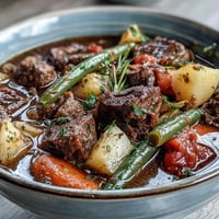 Steaming bowl of Beef and Vegetable Soup with tender beef and colorful root vegetables. 