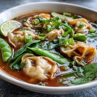 Fragrant red curry wonton soup with greens steams next to fresh cilantro and lime wedges for garnish.