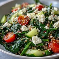Freshly sautéed spinach and creamy crumbled feta top a bed of fluffy quinoa with cherry tomatoes in this Spinach and Feta Grain Bowl.