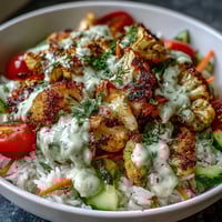Golden-brown herb-roasted cauliflower florets sit atop fluffy rice in a Roasted Cauliflower Bowl. 