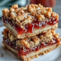 A close-up view of golden Guava Jam Bars with a crumbly streusel topping, showing the vibrant pink guava filling between buttery cookie layers.