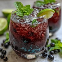 Fresh Black Currant Mojito cocktail in a glass with mint leaves and lime wedges on a rustic table.