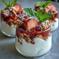 Clear glass jars display layered Greek yogurt, guava preserves, sliced strawberries, and kiwi topped with crunchy granola and mint.