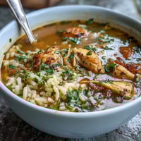 Hearty chicken and rice soup with tender vegetables and fresh herbs in a comforting one-pot meal.