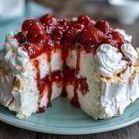 Classic strawberry pavlova with whipped cream and fresh berries, crisp meringue shell with soft center topped with vanilla-scented cream and juicy strawberries.