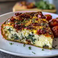 Fluffy spinach and feta frittata with sun-dried tomatoes, perfect for a light Mediterranean brunch or dinner.