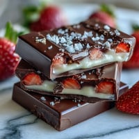 Viral Dubai Chocolate Strawberry Bark with fresh strawberries and pistachios on a marble surface.