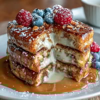 A golden pancake casserole with fresh berries and a creamy custard, perfect for a festive Mothers Day brunch.