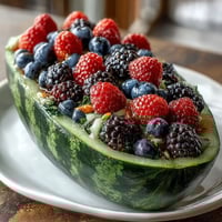 Watermelon carving board with berries, a vibrant and refreshing fruit platter, perfect for summer parties and gatherings.