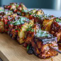 Grilled Pineapple Chicken Skewers with juicy marinated chicken and sweet caramelized pineapple, perfect for summer barbecues.  