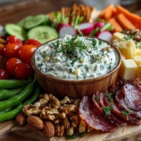 Fresh spring charcuterie board with radishes, peas, and herb dip, perfect for seasonal gatherings and light entertaining.