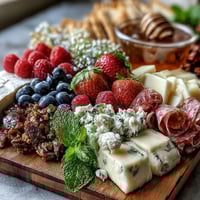 Spring Charcuterie Board with Edible Flowers and Fruits arranged in a colorful, seasonal display with fresh fruits and delicate edible flowers.