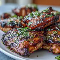 Honey Sriracha Grilled Chicken Thighs with caramelized glaze and sesame seed garnish.  