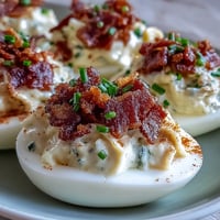 Bacon Ranch Deviled Eggs with crispy bacon crumbles and creamy ranch filling, garnished with fresh chives and paprika for a flavorful appetizer.