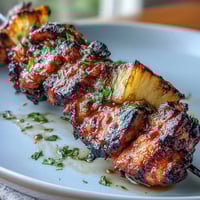 Juicy grilled chicken al pastor skewers with caramelized pineapple, ready to eat.