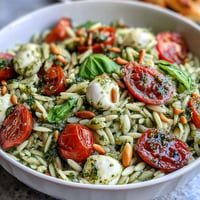 Vibrant cold pesto orzo salad with cherry tomatoes, fresh mozzarella, and basil, perfect for summer picnics.  