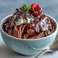 Creamy cottage cheese chocolate mousse with rich cocoa and melted dark chocolate, served in elegant glasses topped with fresh berries.