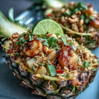 Vibrant pineapple fried rice with colorful vegetables, shrimp, and cashews served in a carved pineapple shell for an impressive presentation.