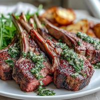 A golden-brown lamb chop rests on a white plate, glistening with olive oil and herbs, while a vibrant green gremolata topping adds fresh color and aroma.