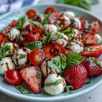 Fresh Strawberry Caprese Salad with creamy mozzarella and basil, ready to enjoy.
