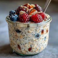 Creamy overnight oats with chia, flax, and vibrant berries bursting with flavor.