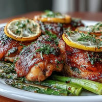 Golden roasted One-Pan Lemon Herb Chicken and Asparagus, bursting with citrusy zest.